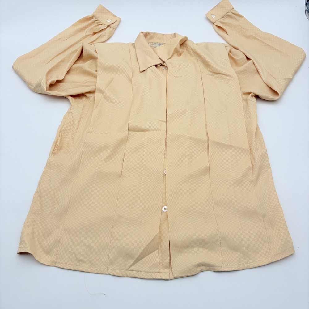 Cojana Vintage Peach Checkered Jacquard Pleated Button Down Blouse Womens Size S